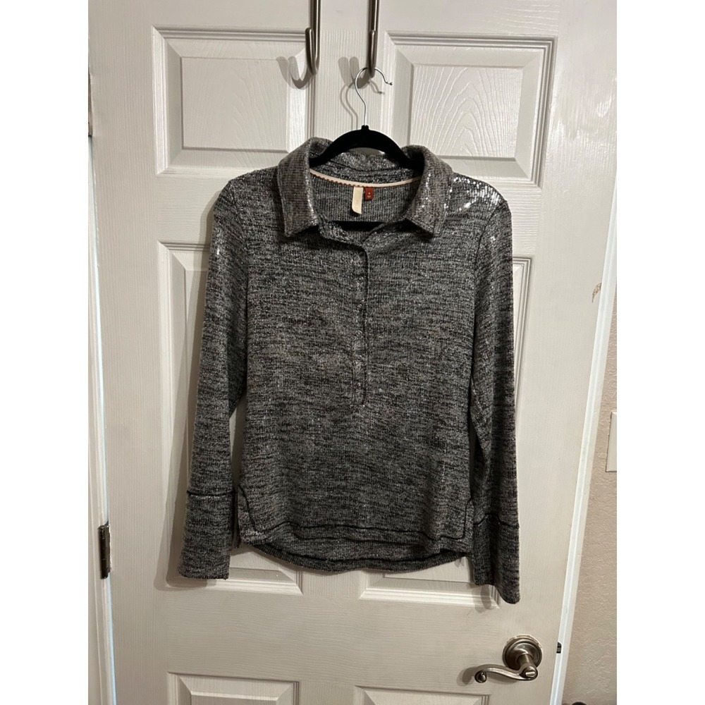 Pilcro Anthropologie M Shimmer Sequins Long Sleeve Collared Shirt Dark Gray